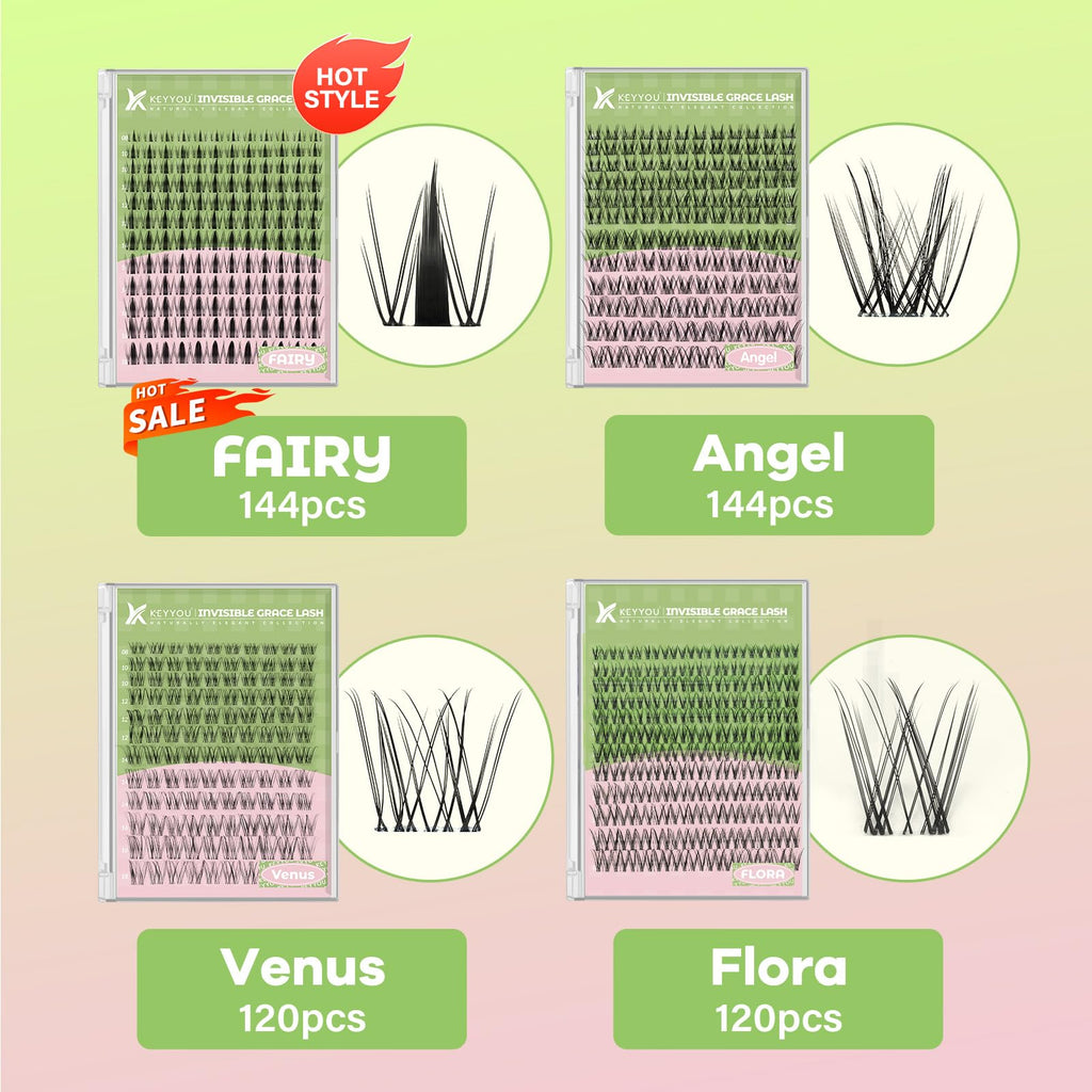 KEYYOU Fairy Angel Lash Clusters D Curl – 144 Pcs, Invisible Band, Waterproof DIY Lashes