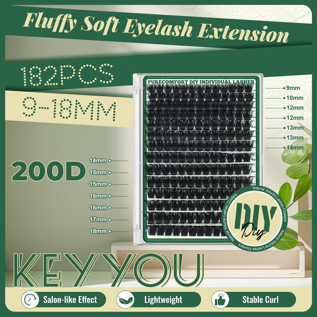 KEYYOU Lash Clusters 182Pcs – 200D D Curl 9-18mm MIX DIY Lashes