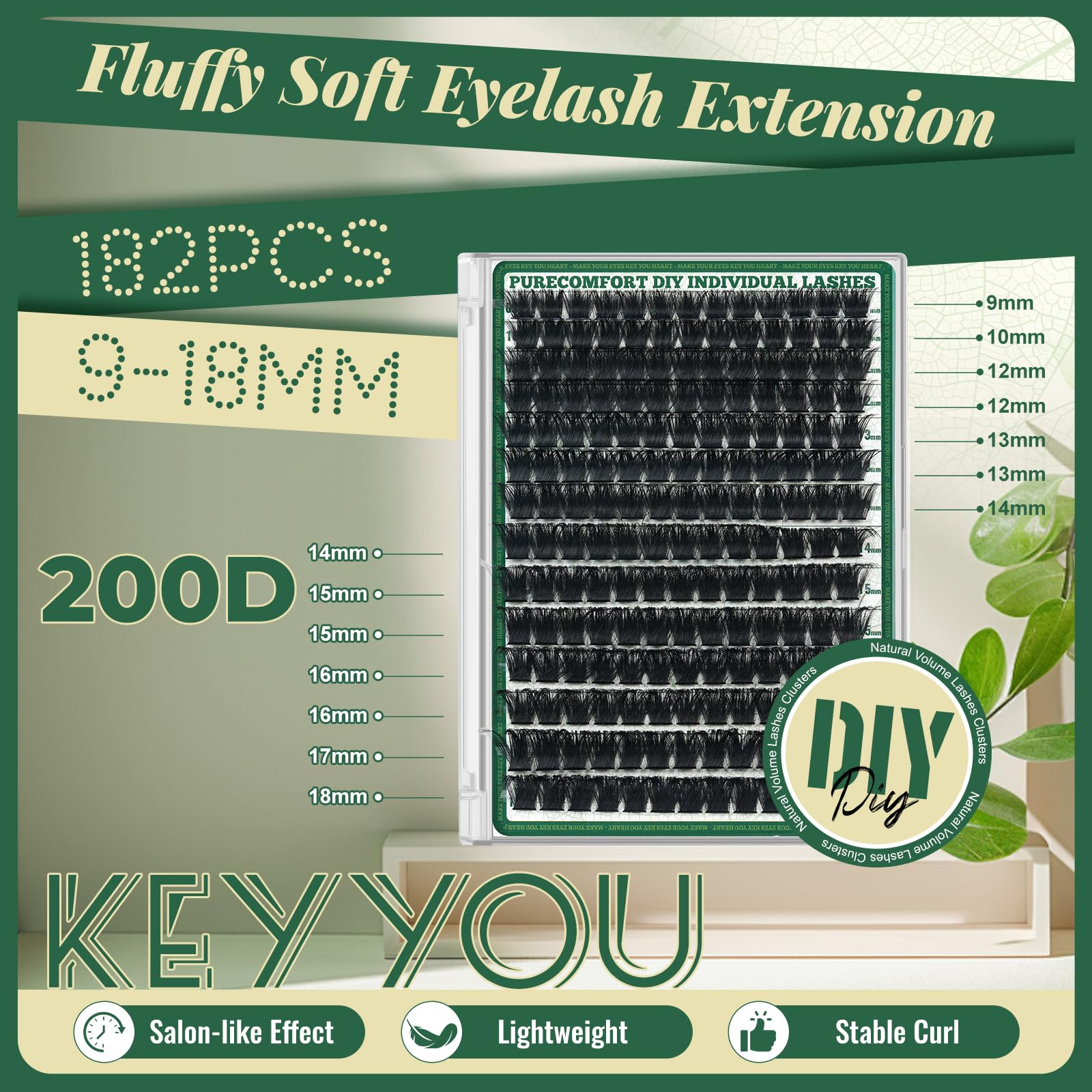 KEYYOU Lash Clusters 182Pcs – 200D D Curl 9-18mm MIX DIY Lashes