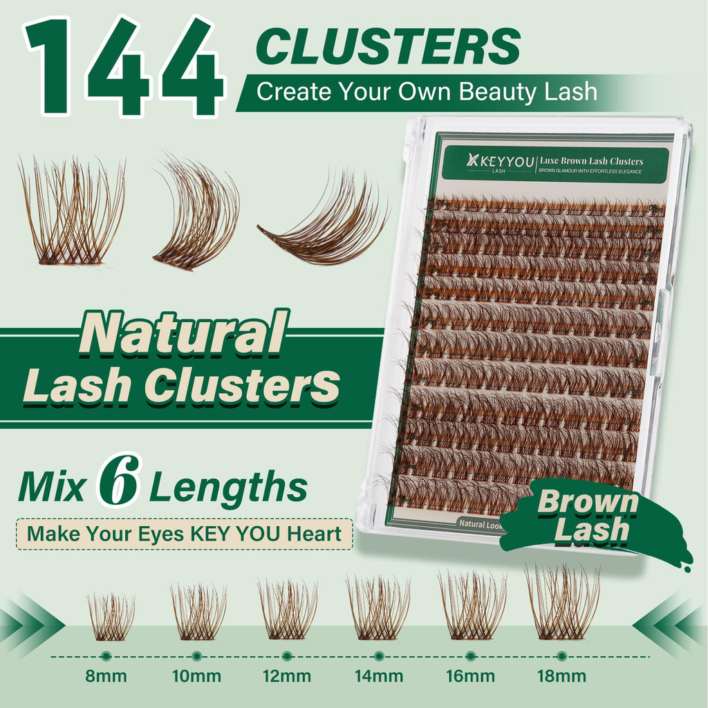KEYYOU Brown Lash Clusters 144pcs — 8-18mm D Curl for Natural DIY Lash Extensions