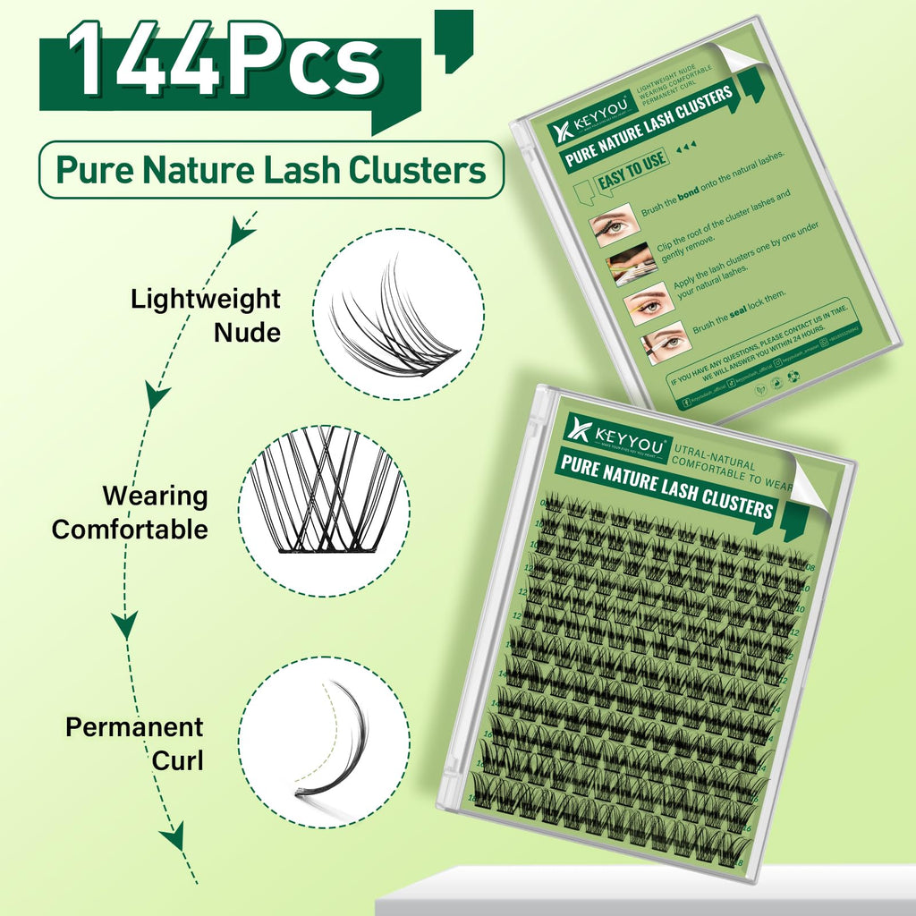 KEYYOU Natural Lash Clusters 144pcs | D-Curl, 8-18mm Mix Lengths, Lightweight & Reusable