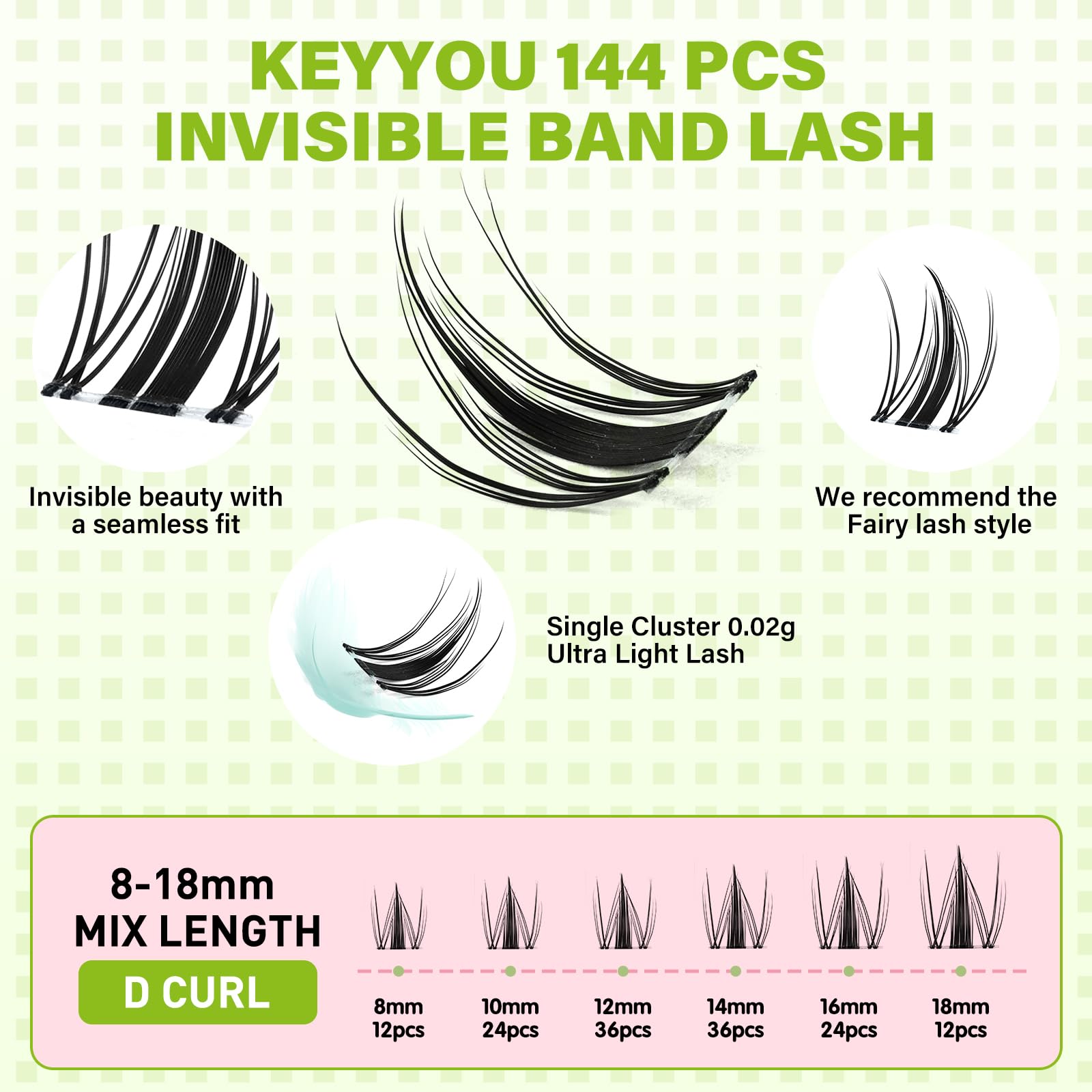 KEYYOU Fairy Lash Clusters 144Pcs | D Curl Manga Lashes, Invisible Band, Waterproof DIY Lash Extensions