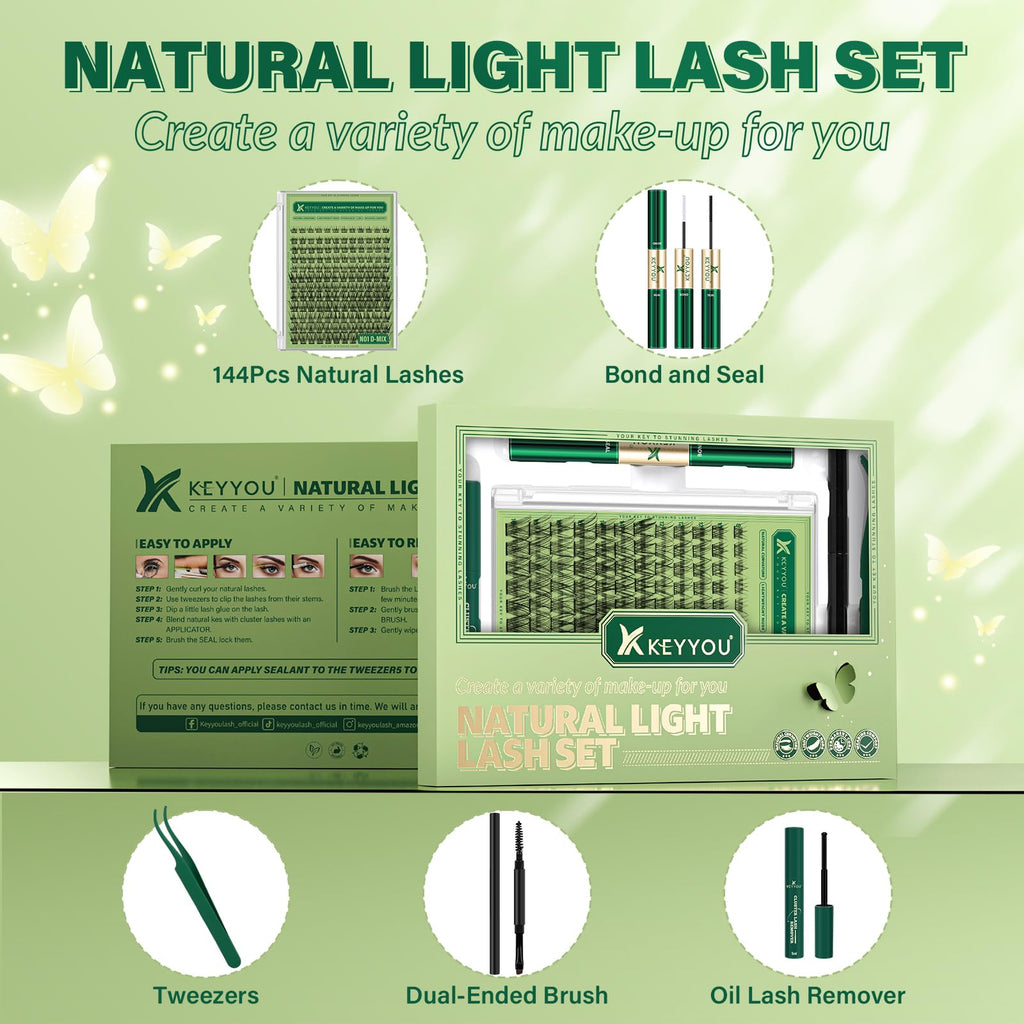 KEYYOU Natural Lash Clusters Kit 144pcs DIY Lash Extensions D Curl 8-18 Mix