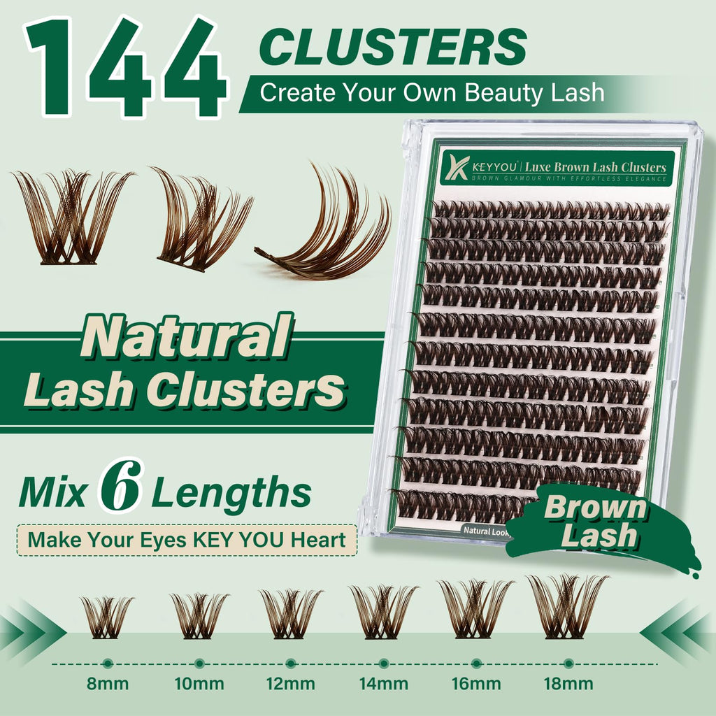 KEYYOU Brown Lash Clusters 144pcs – 8-18mm Mix, D Curl, DIY Lash Extensions at Home