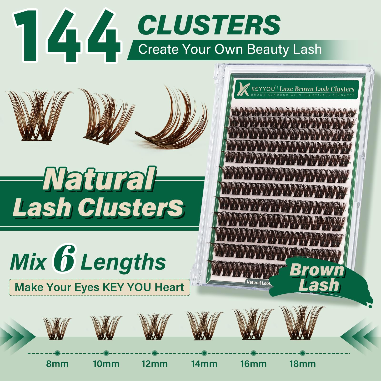 KEYYOU Brown Lash Clusters 144pcs – 8-18mm Mix, D Curl, DIY Lash Extensions at Home