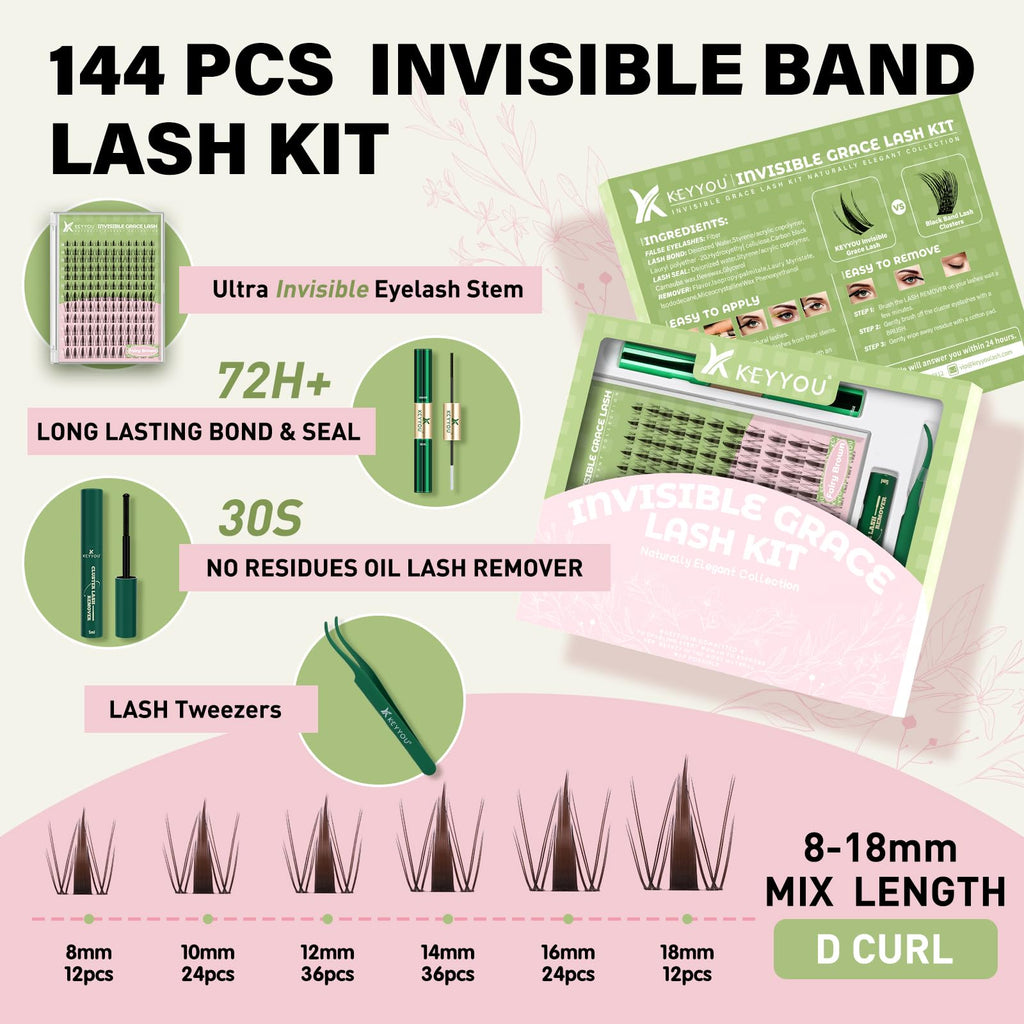 KEYYOU Fairy Brown Lash Clusters Kit – D Curl, 144 Pcs, Invisible Band, Waterproof DIY Lash Extensions at Home