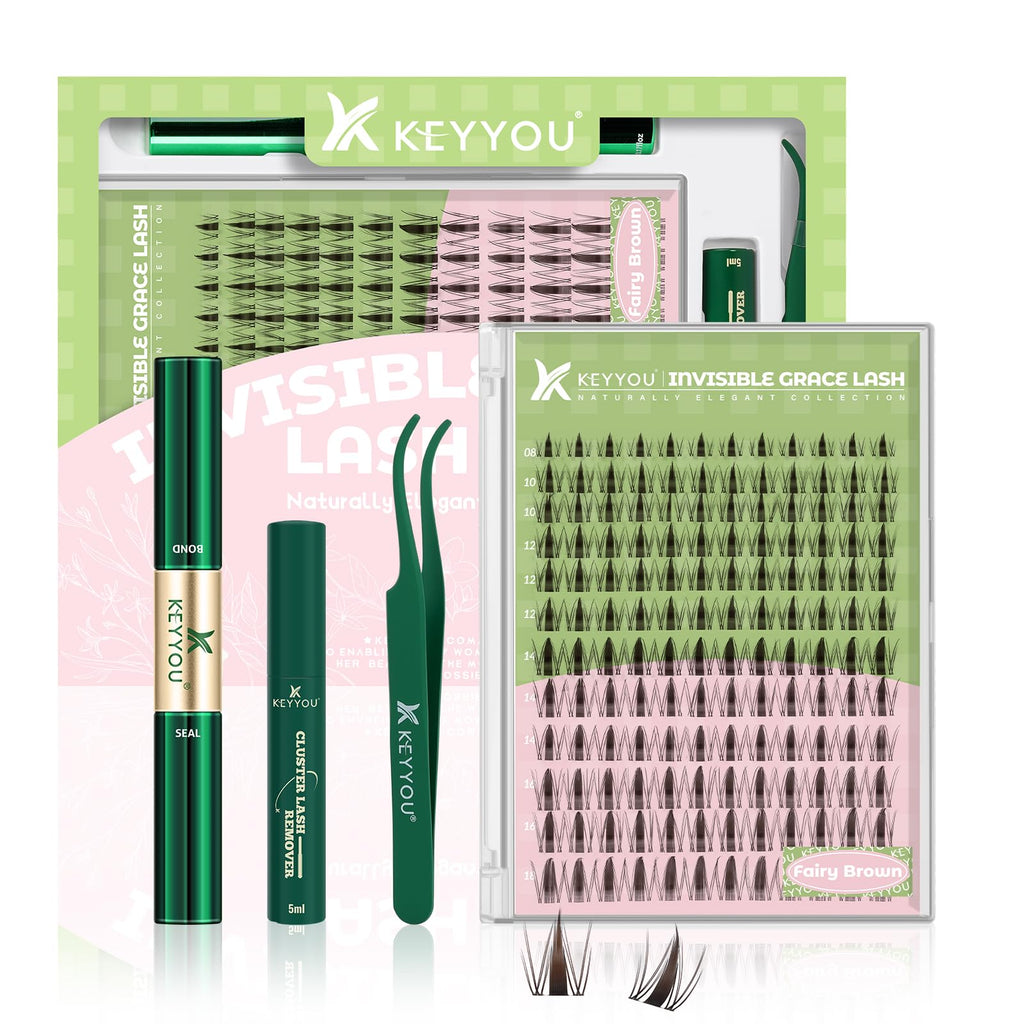 KEYYOU Fairy Brown Lash Clusters Kit – D Curl, 144 Pcs, Invisible Band, Waterproof DIY Lash Extensions at Home