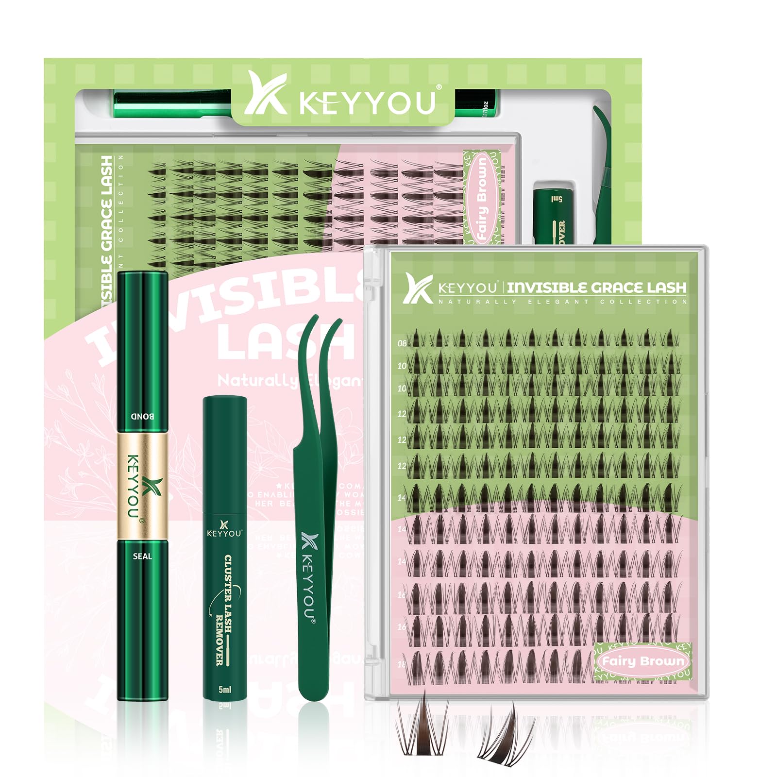 KEYYOU Fairy Brown Lash Clusters Kit – D Curl, 144 Pcs, Invisible Band, Waterproof DIY Lash Extensions at Home