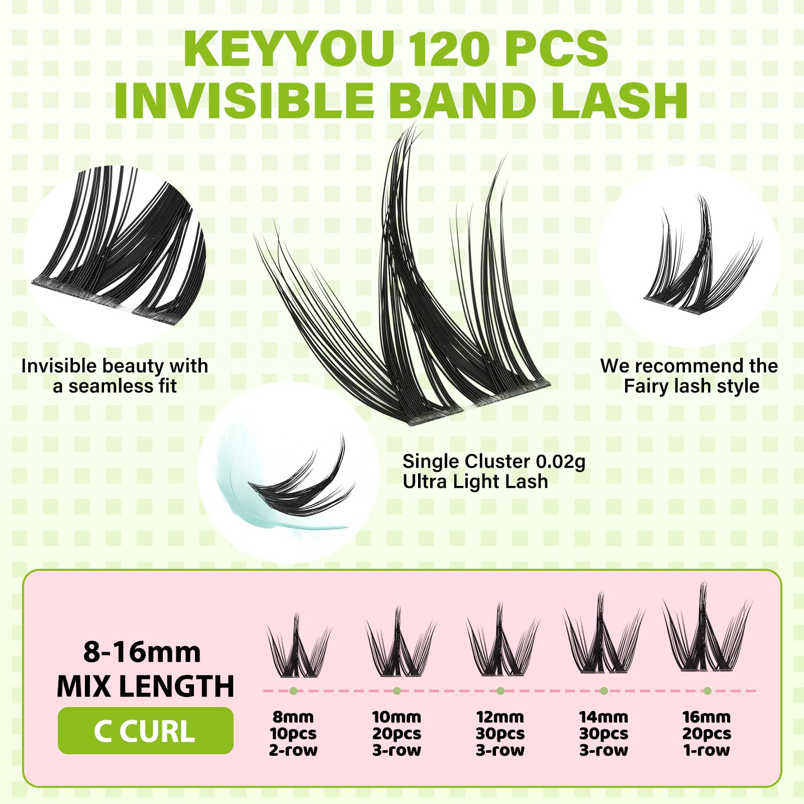 KEYYOU Fairy Chispa Lash Clusters – D Curl 120Pcs, Invisible Band DIY Lashes