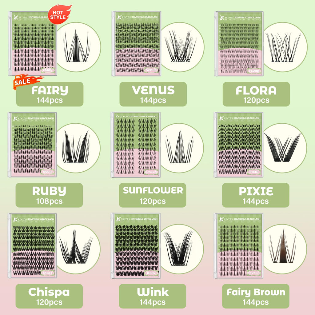 KEYYOU Fairy Wink Lash Clusters Kit – Invisible Band, D Curl, 144 Pcs for DIY Lashes