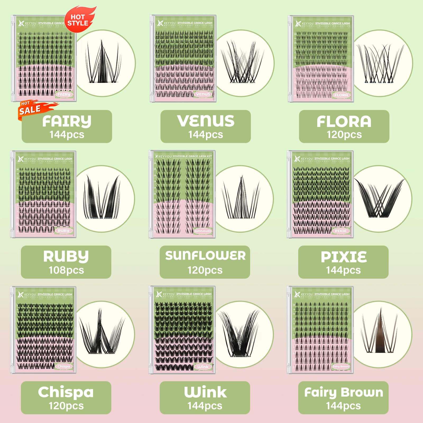 KEYYOU Fairy Wink Lash Clusters Kit – Invisible Band, D Curl, 144 Pcs for DIY Lashes