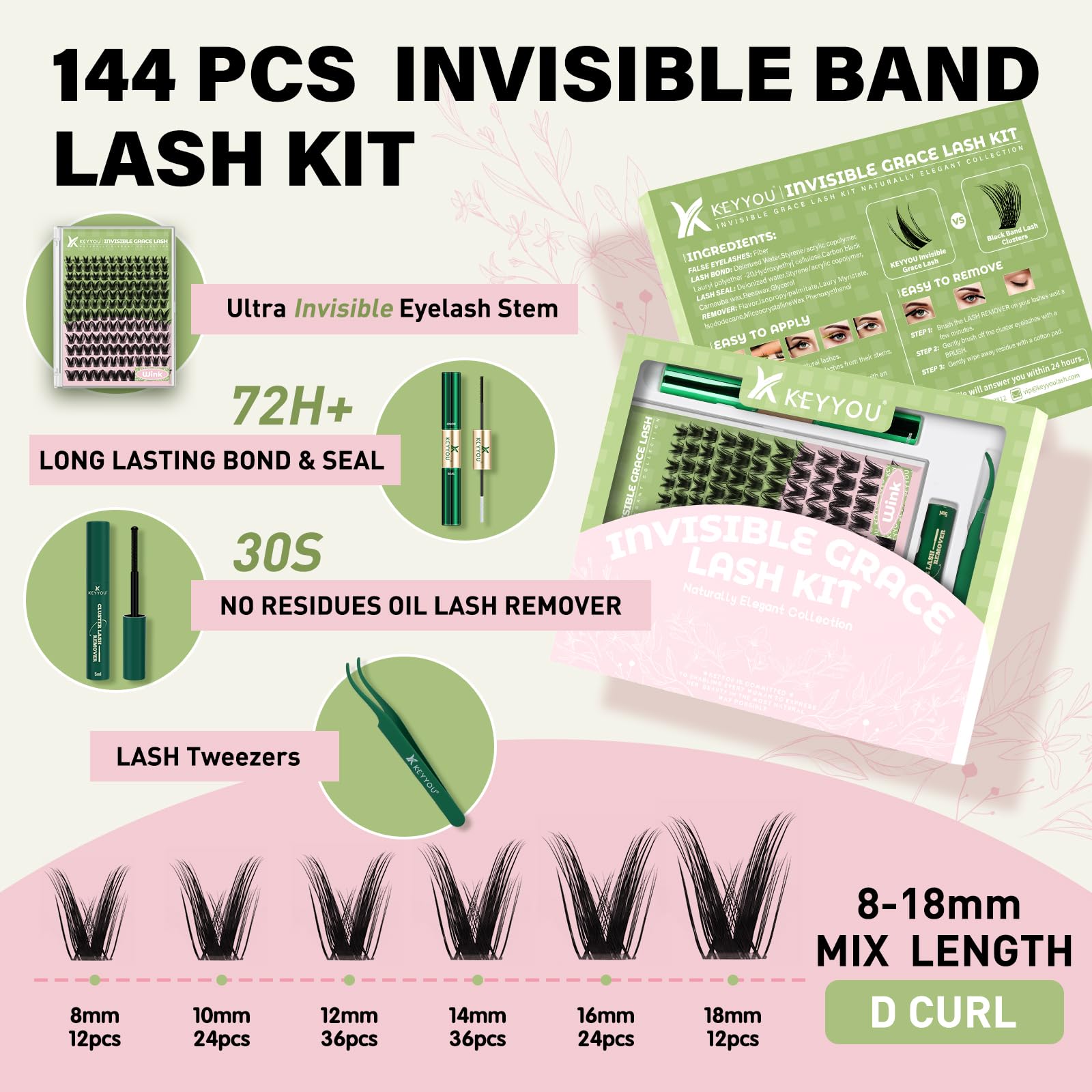 KEYYOU Fairy Wink Lash Clusters Kit – Invisible Band, D Curl, 144 Pcs for DIY Lashes
