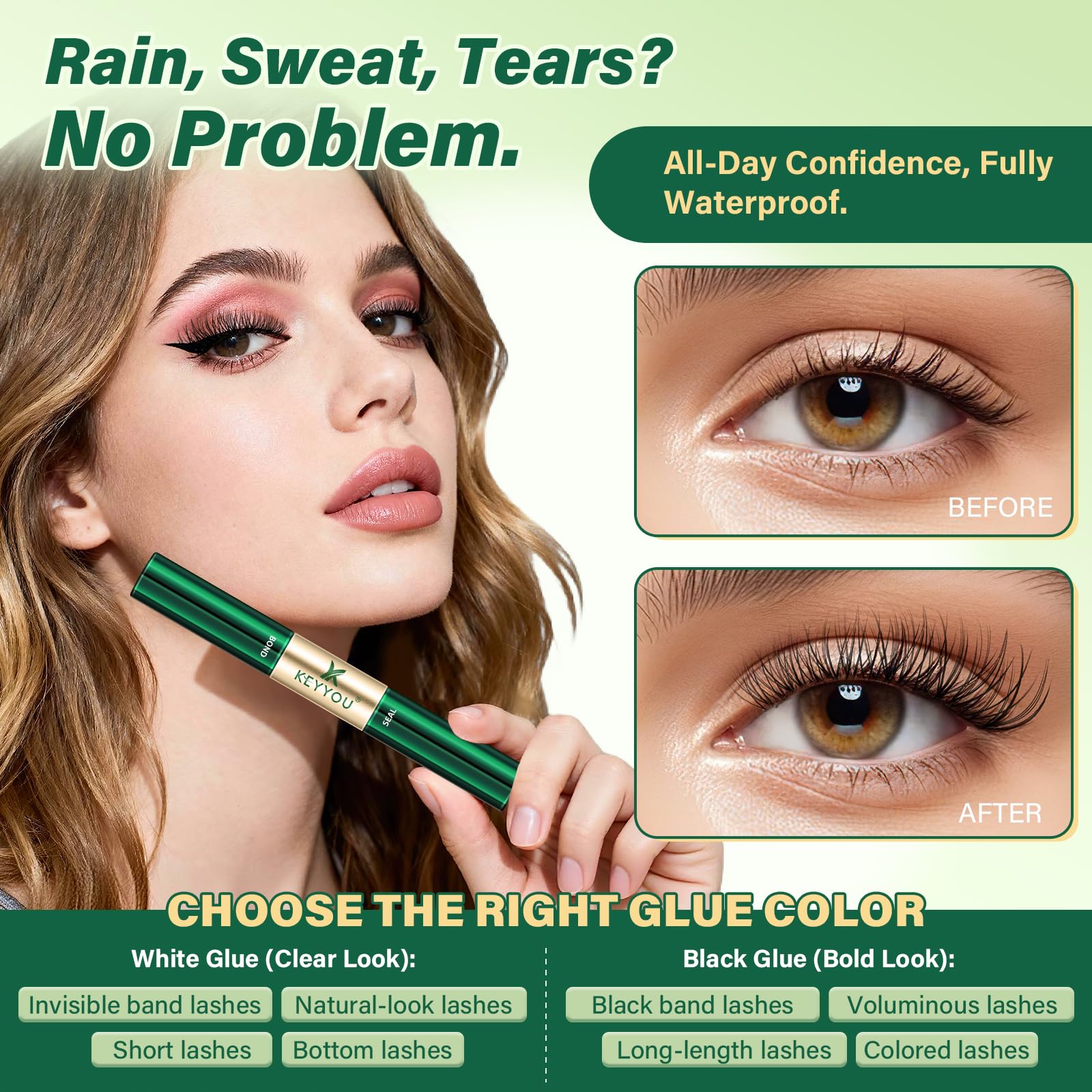 KEYYOU Lash Bond & Seal Glue — 72H Waterproof Hold for DIY Lash Clusters (Black, 10ml)