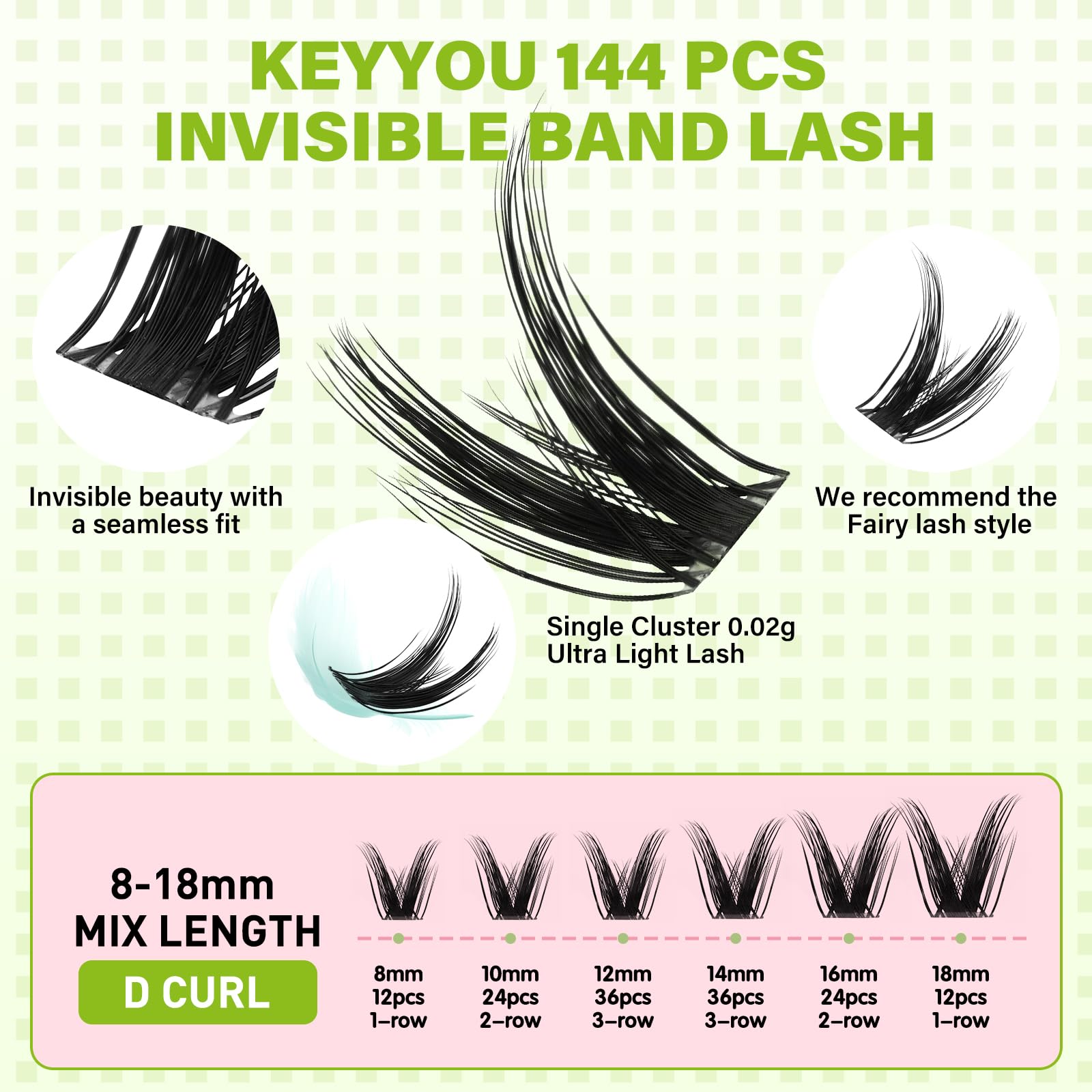 KEYYOU Fairy Wink Lash Clusters D Curl 144Pcs – Invisible Band, DIY at Home