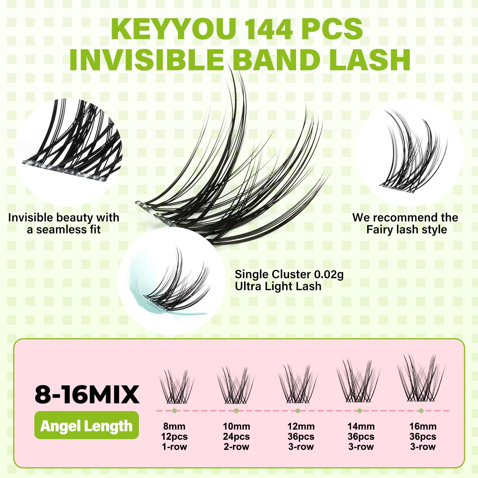 KEYYOU Fairy Angel Lash Clusters D Curl – 144 Pcs, Invisible Band, Waterproof DIY Lashes