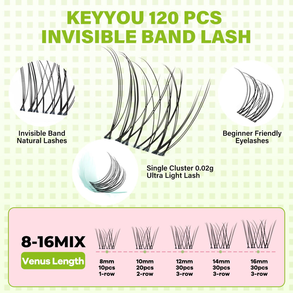KEYYOU Fairy Venus Lash Clusters – Manga Lash Extensions, C Curl, 120 Pcs, Invisible Band, Waterproof DIY Lashes
