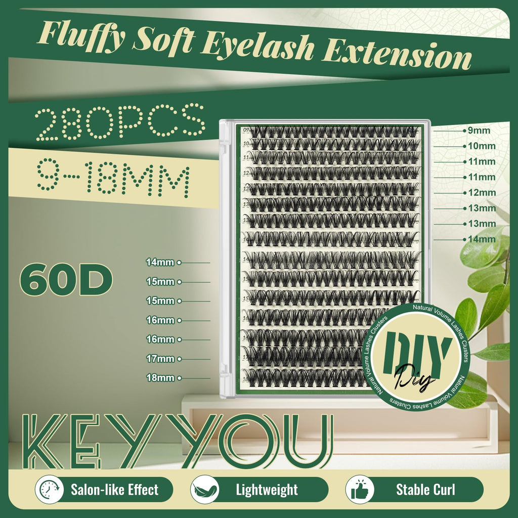 KEYYOU Lash Clusters 60D D Curl, 9–18mm MIX, 320Pcs – DIY Home Eyelash Extensions