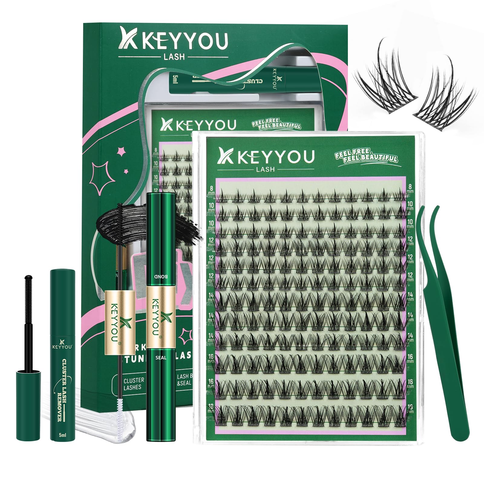 KEYYOU LASH Lash Clusters Kit F03 – Manga Lashes 8-18mm C Curl, 144pcs with Remover & Seal