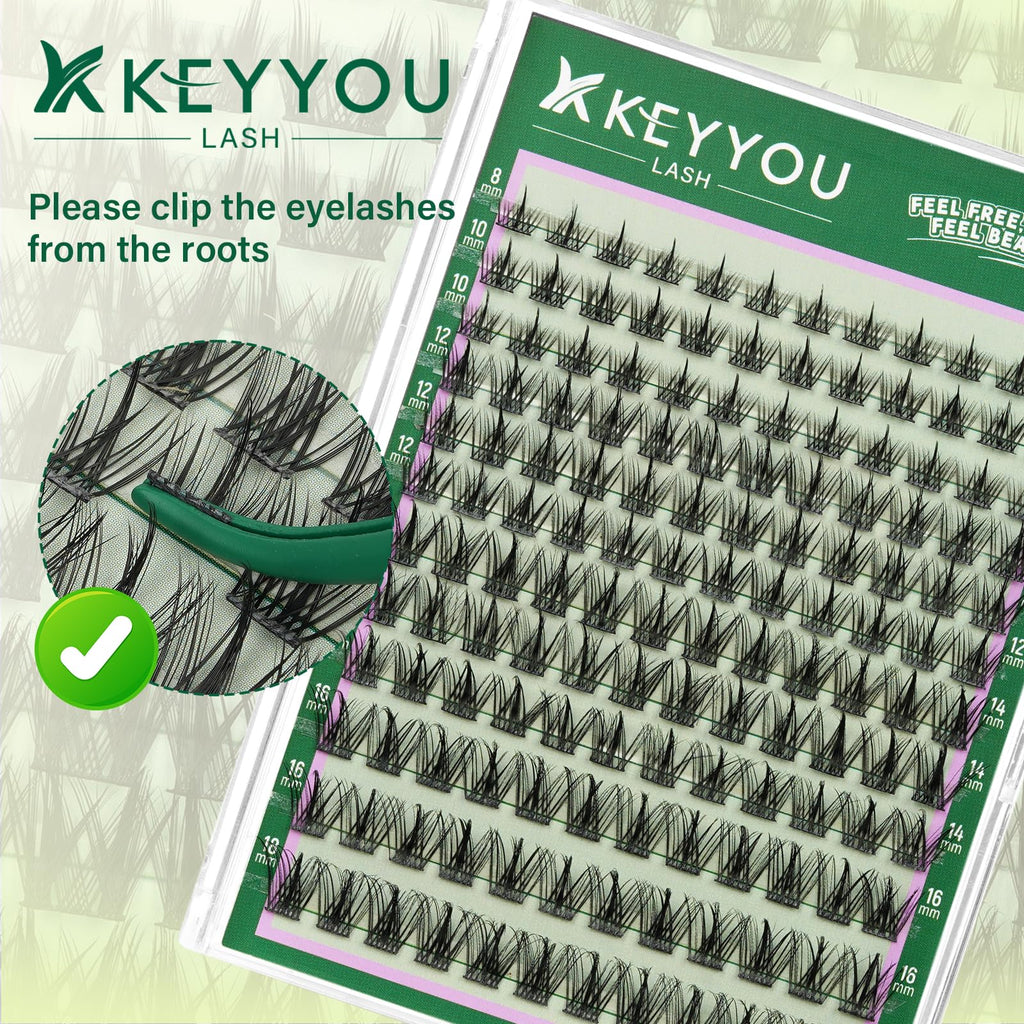 KEYYOU LASH Lash Clusters Kit F03 – Manga Lashes 8-18mm C Curl, 144pcs with Remover & Seal