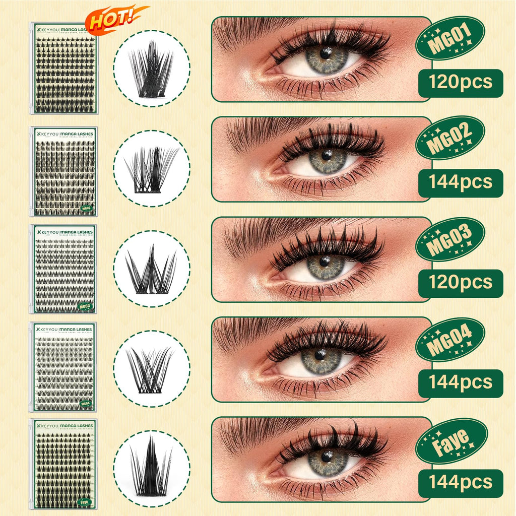 KEYYOU LASH Manga Lash Clusters Kit 8-18mm – 144pcs DIY Lash Extensions