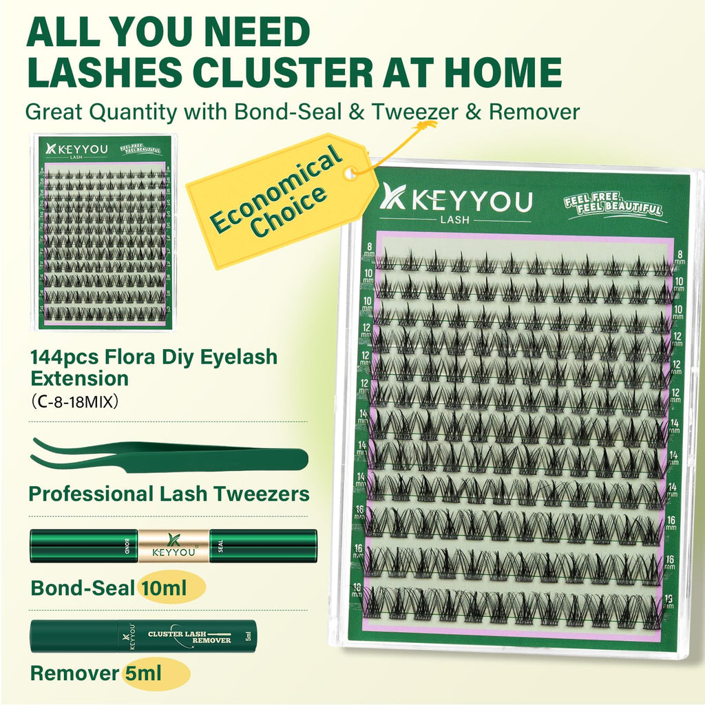 KEYYOU LASH Lash Clusters Kit F03 – Manga Lashes 8-18mm C Curl, 144pcs with Remover & Seal