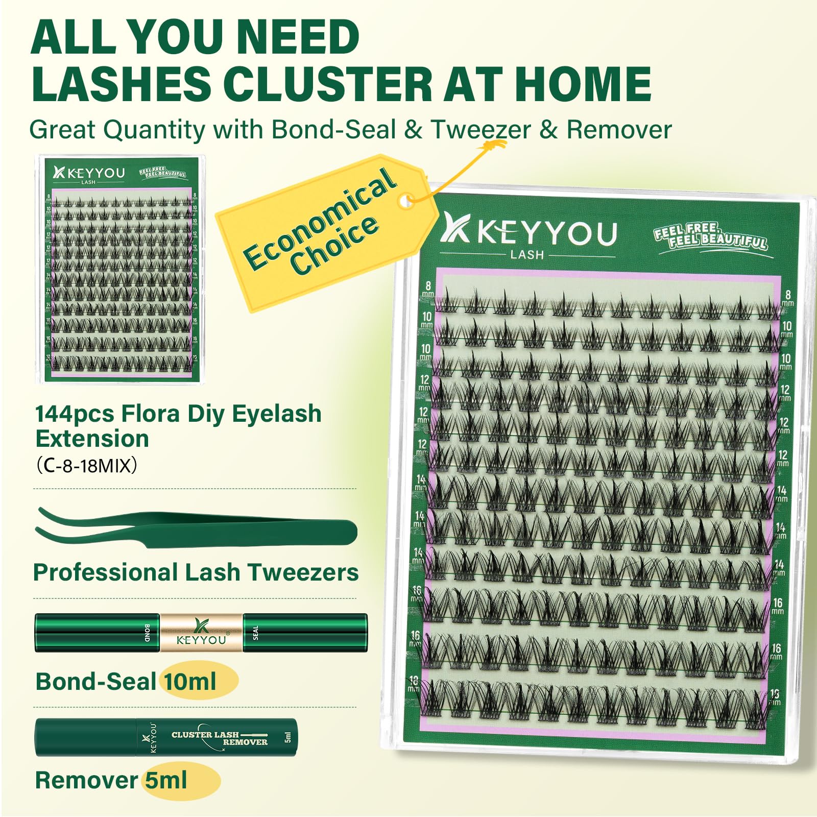 KEYYOU LASH Lash Clusters Kit F03 – Manga Lashes 8-18mm C Curl, 144pcs with Remover & Seal