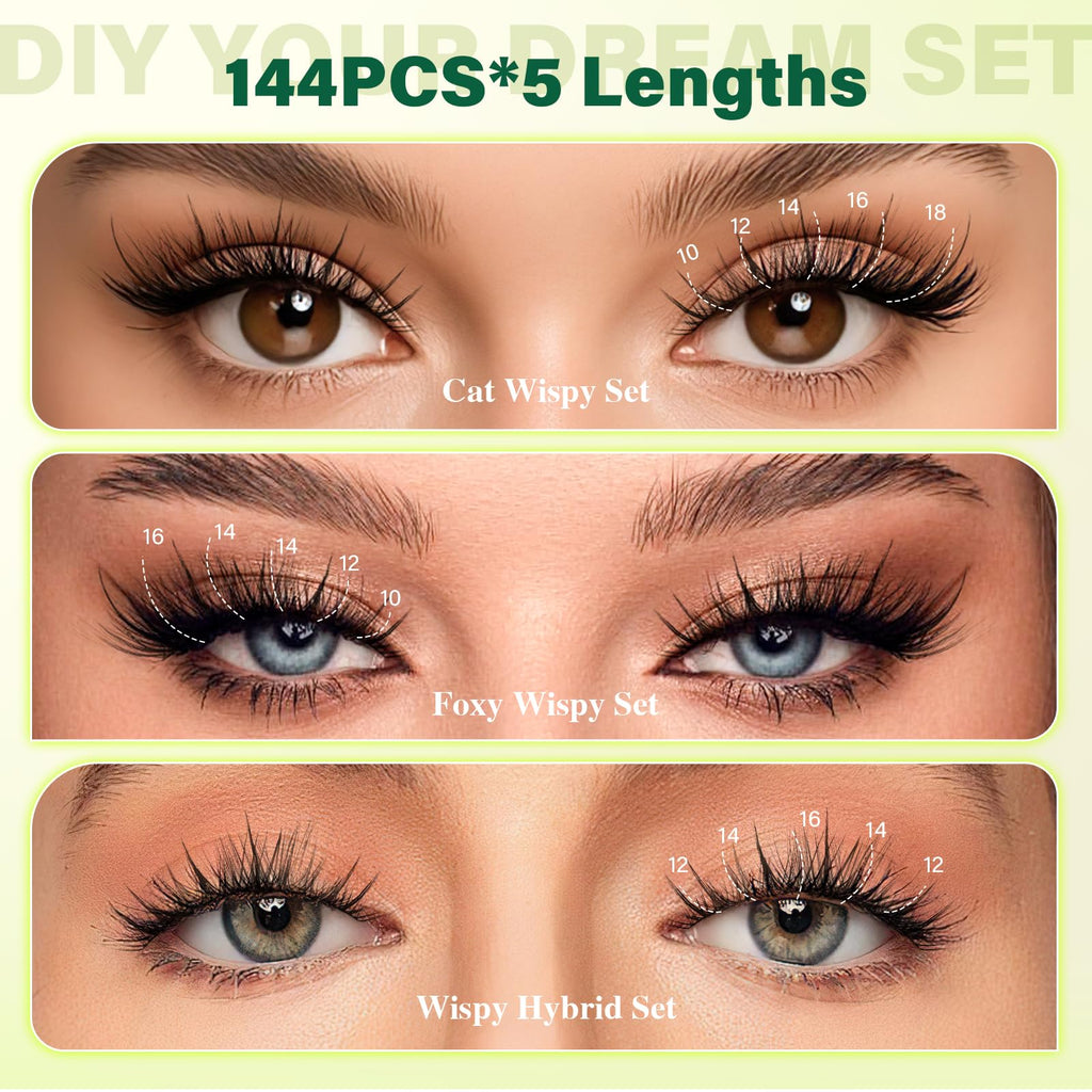 KEYYOU LASH Lash Clusters Kit F03 – Manga Lashes 8-18mm C Curl, 144pcs with Remover & Seal
