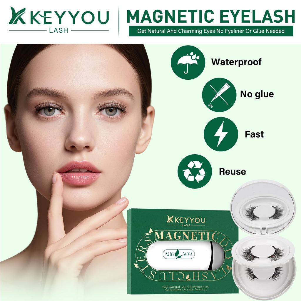 KEYYOU Reusable Magnetic Eyelashes – 2 Pairs with Applicator, No Glue Needed (A06+A09)