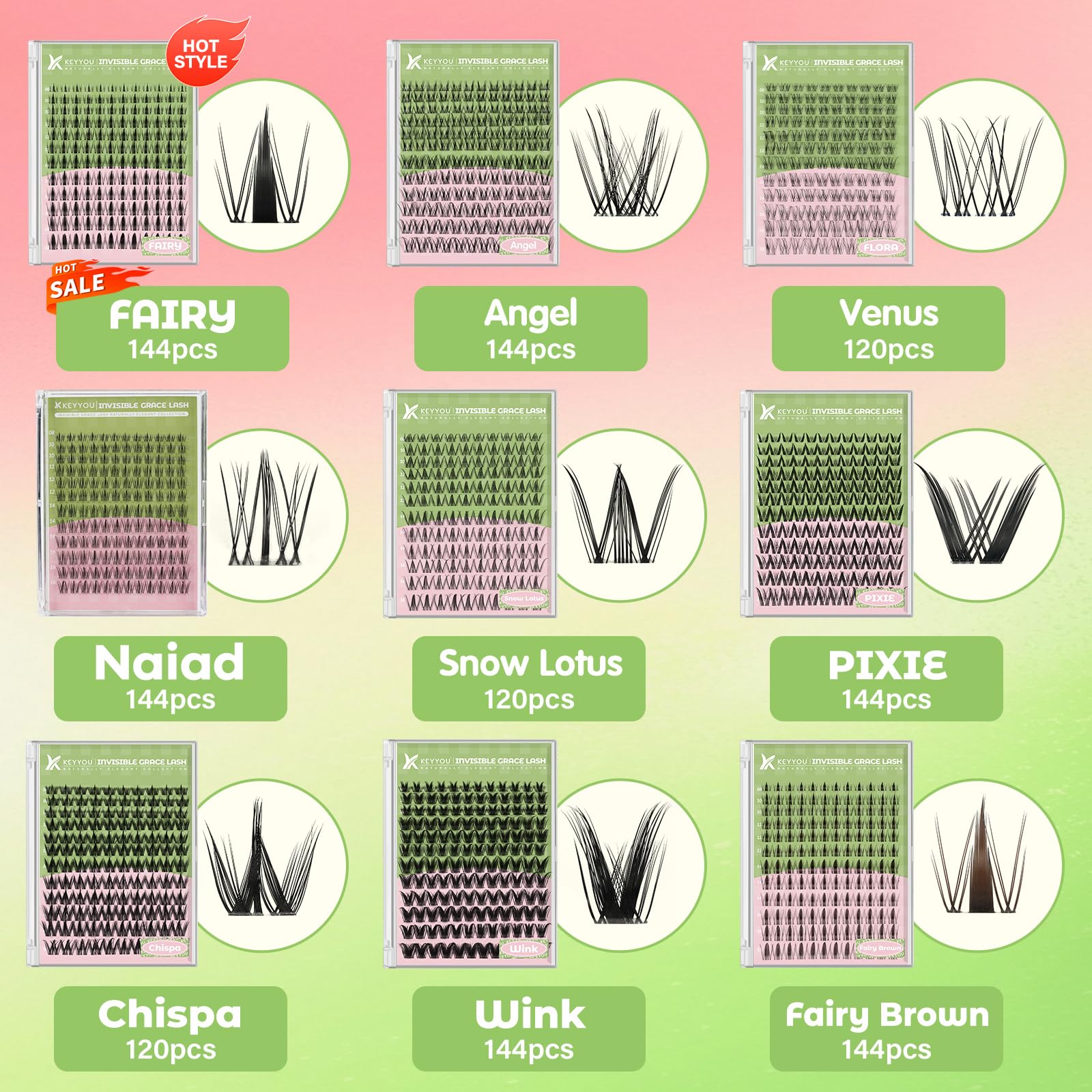 KEYYOU Naiad Lash Clusters Kit – 144Pcs C Curl Wispy Lash Kit for At-Home DIY Extensions