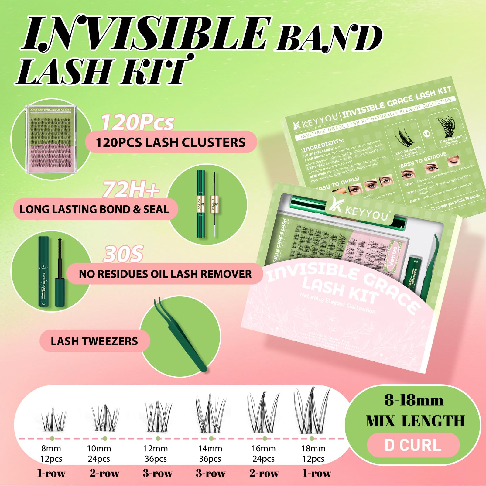 KEYYOU Naiad Lash Clusters Kit – 144Pcs C Curl Wispy Lash Kit for At-Home DIY Extensions