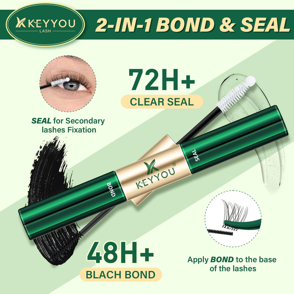 KEYYOU Lash Bond & Seal Glue — 72H Waterproof Hold for DIY Lash Clusters (Black, 10ml)