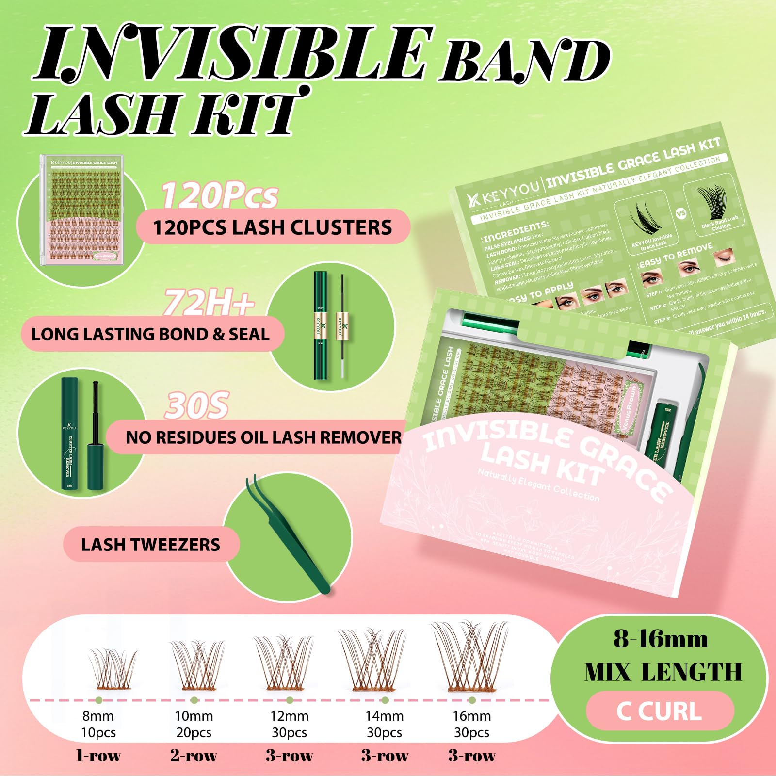 KEYYOU Venus Brown Lash Clusters Kit - C Curl 120 Pcs, Waterproof DIY Lash Extension at Home