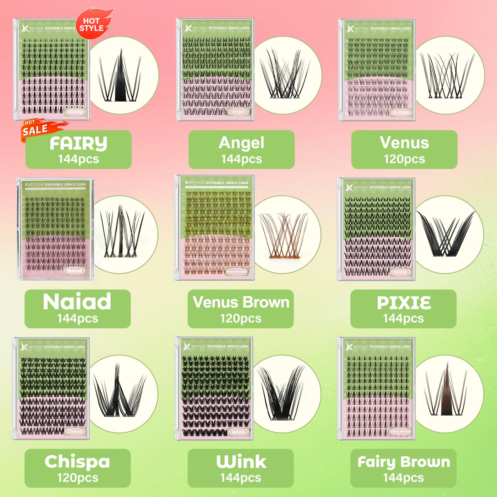 KEYYOU Venus Brown Lash Clusters Kit - C Curl 120 Pcs, Waterproof DIY Lash Extension at Home