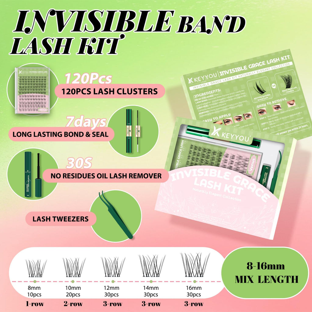 KEYYOU Venus Lash Clusters Kit – Invisible Band, C Curl 8-16 Mix, 120 Pcs for DIY Lash Extensions