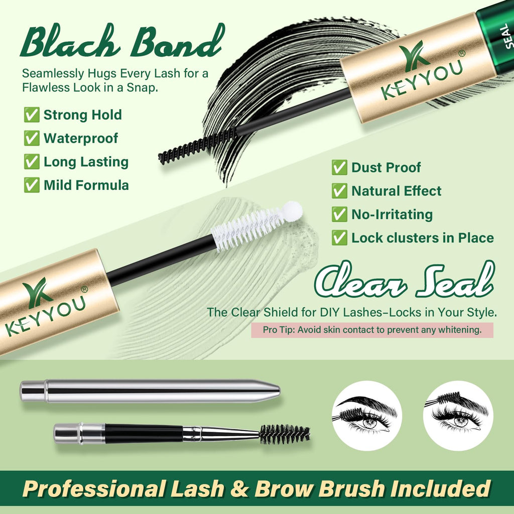 KEYYOU Lash Bond & Seal Glue — 72H Waterproof Hold for DIY Lash Clusters (Black, 10ml)