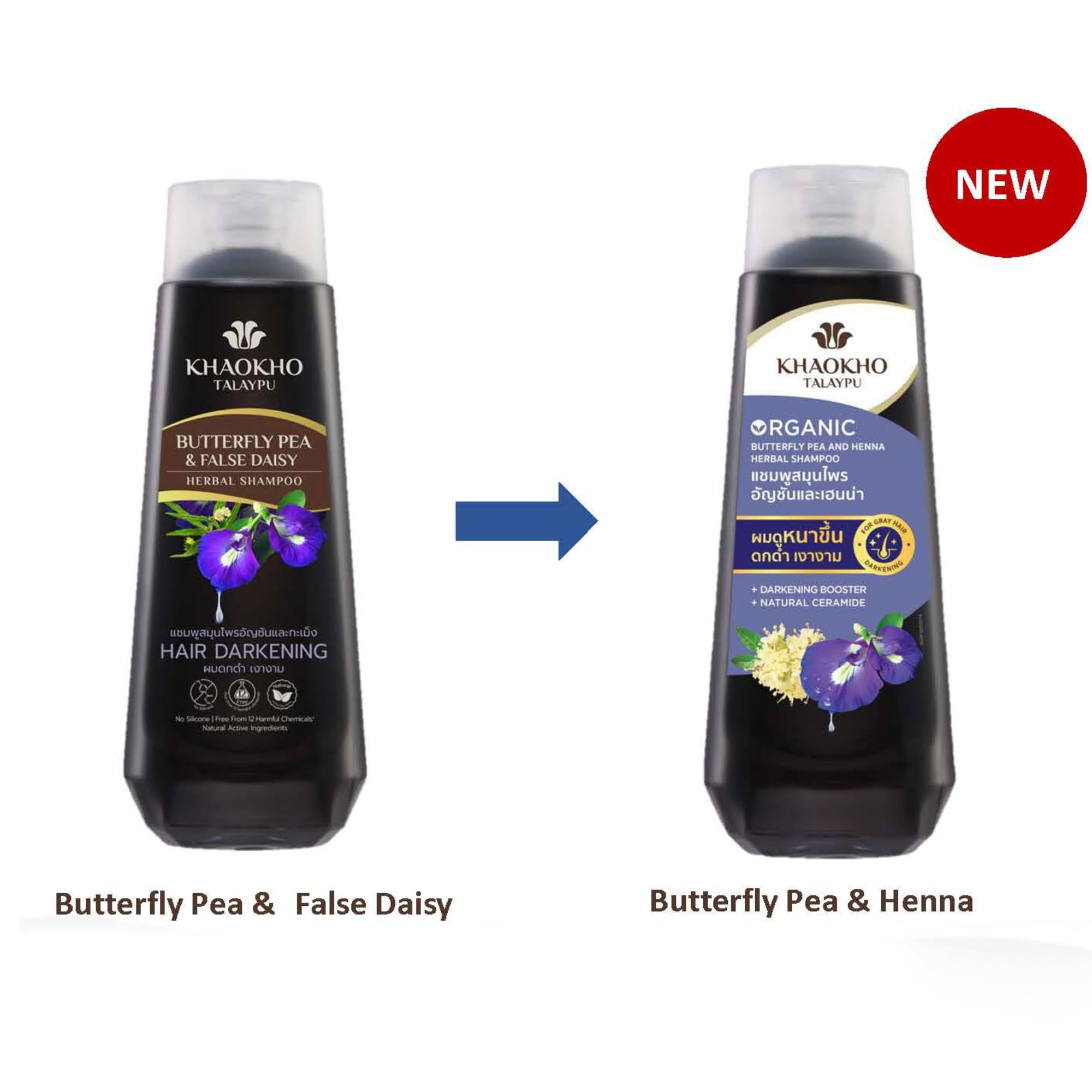 KHAOKHO Herbal Shampoo & Conditioner – Butterfly Pea & Henna Extracts, 185 ml Each