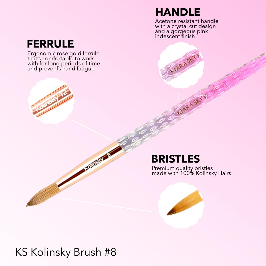 Kiara Sky Acrylic Brush #8 – Pink, 100% Pure Kolinsky, Crystal Cut Handle