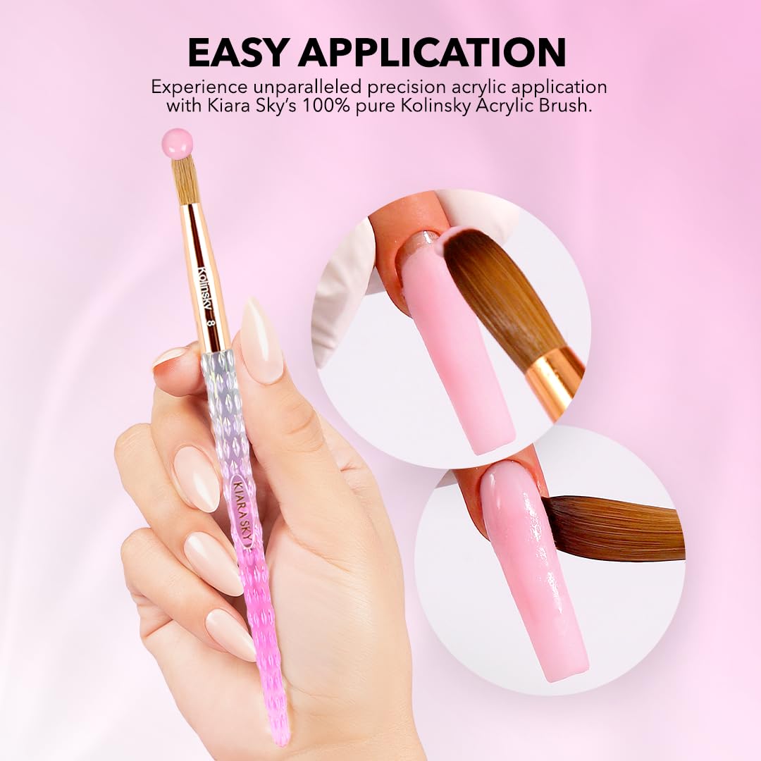 Kiara Sky Acrylic Brush #8 – Pink, 100% Pure Kolinsky, Crystal Cut Handle