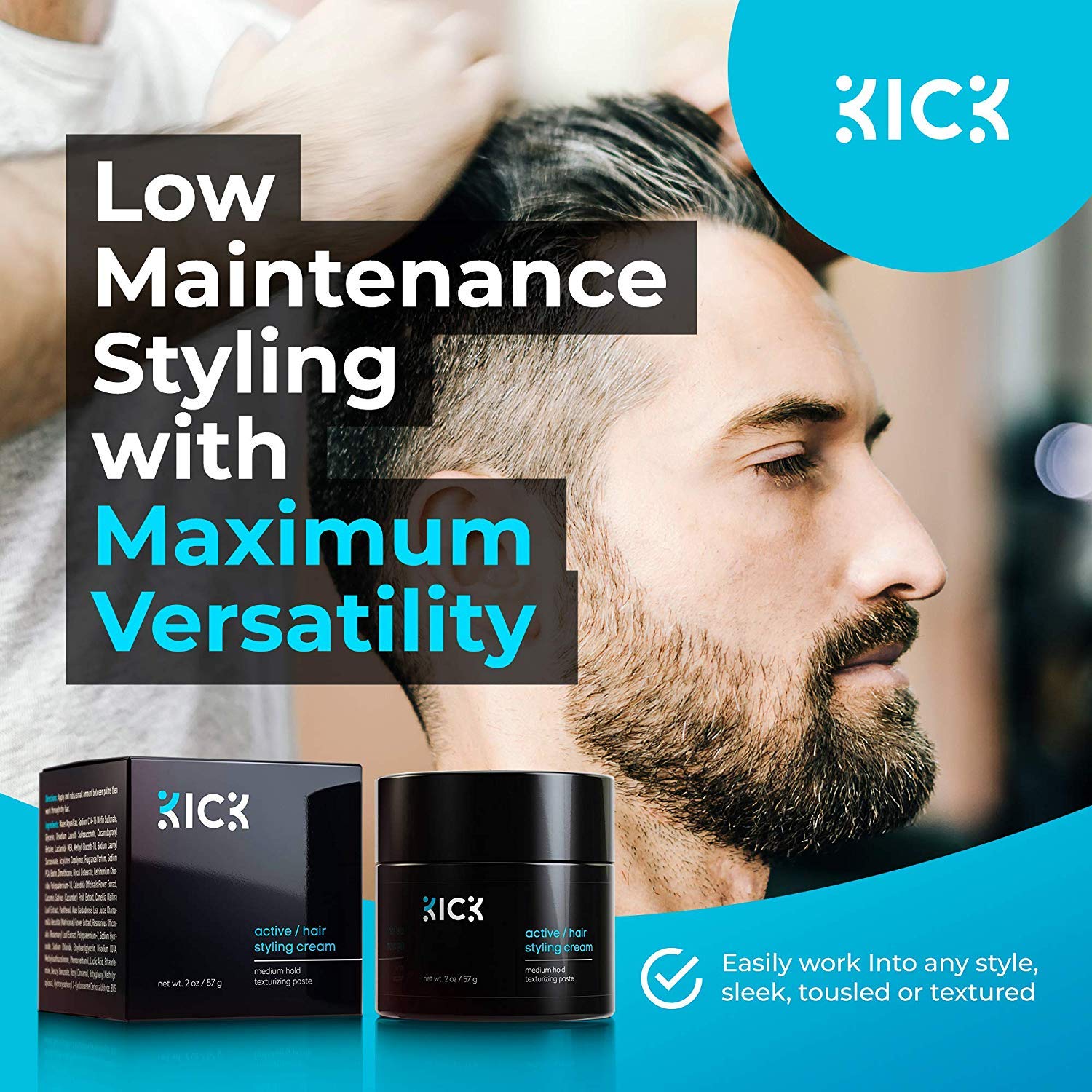 Kick Active Men's Hair Cream – Medium Hold, Non-Greasy, Thickening, Hydration, Anti-Greying – 2 oz