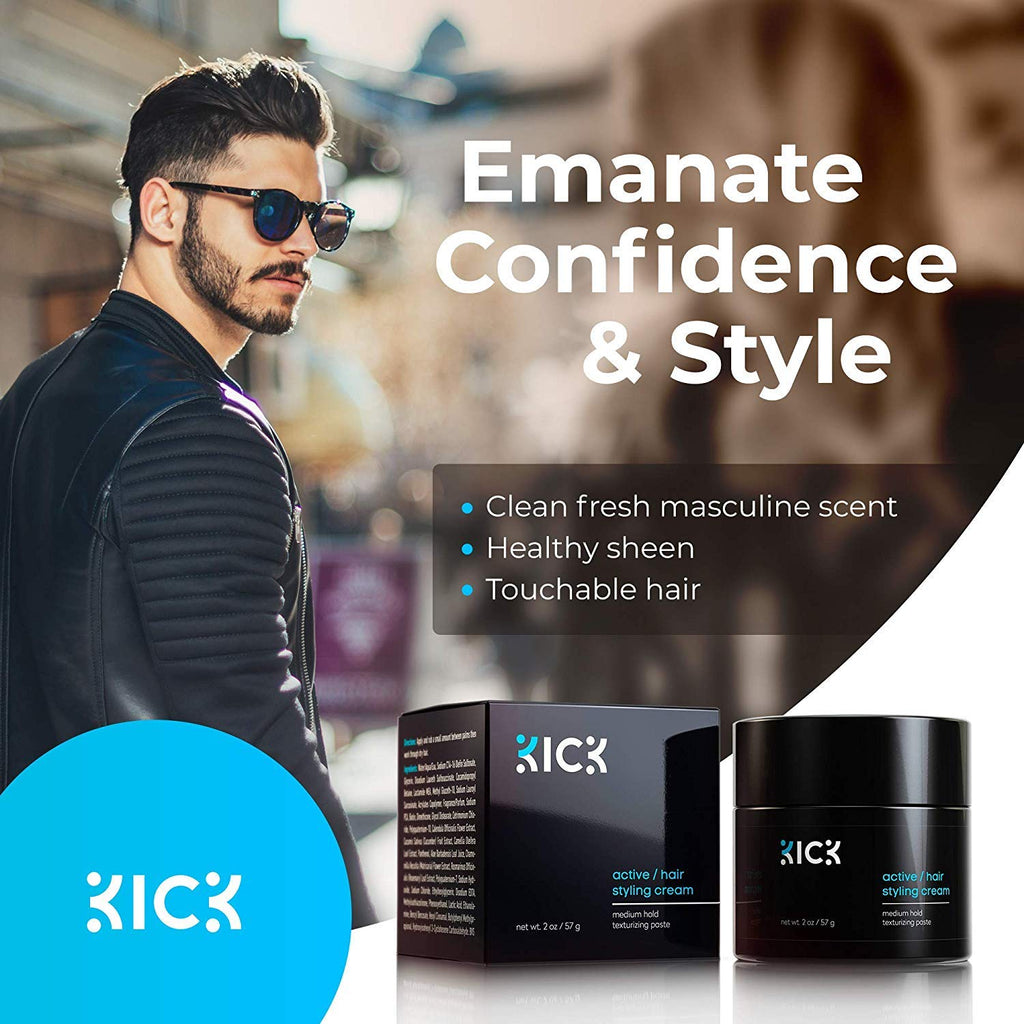 Kick Active Men's Hair Cream – Medium Hold, Non-Greasy, Thickening, Hydration, Anti-Greying – 2 oz