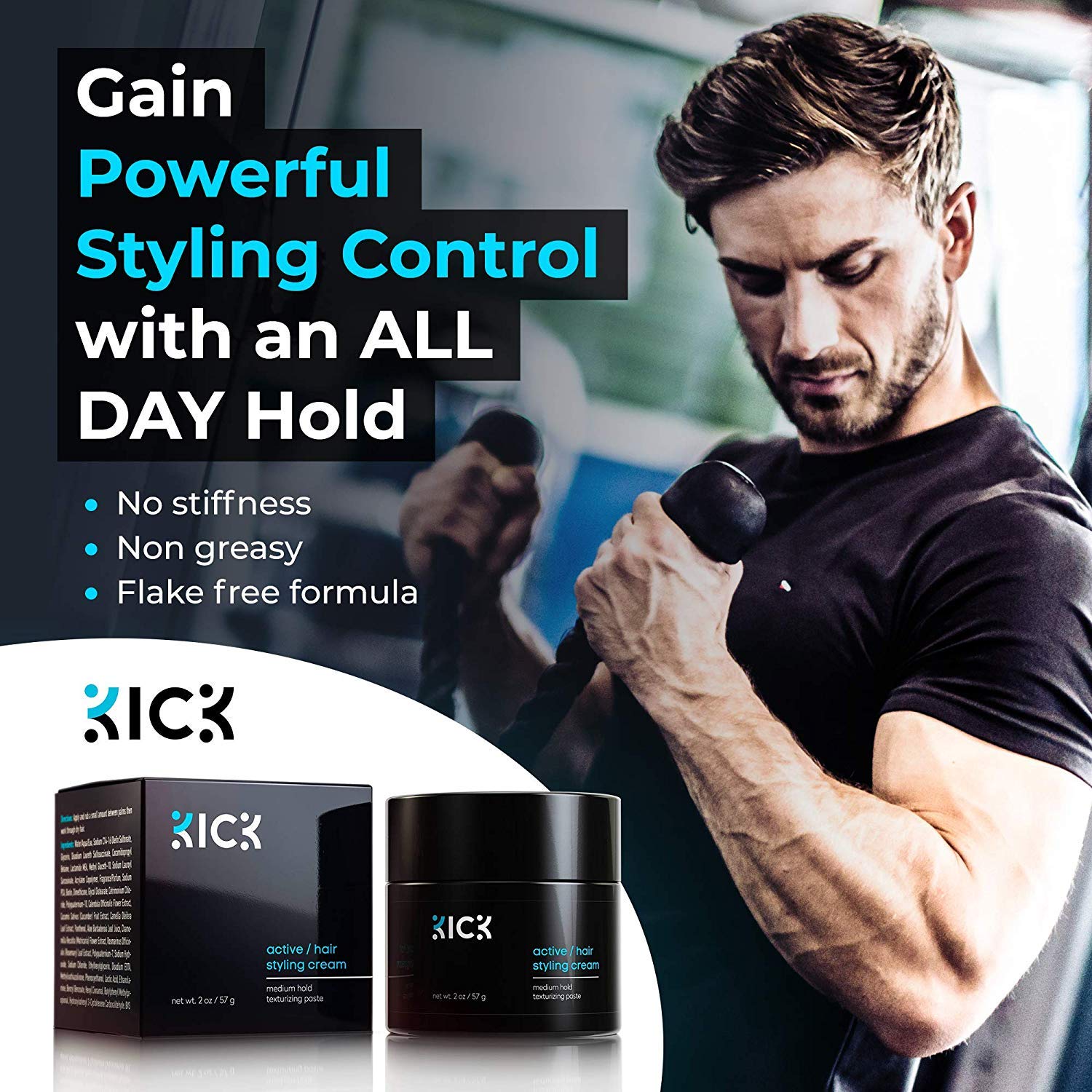 Kick Active Men's Hair Cream – Medium Hold, Non-Greasy, Thickening, Hydration, Anti-Greying – 2 oz