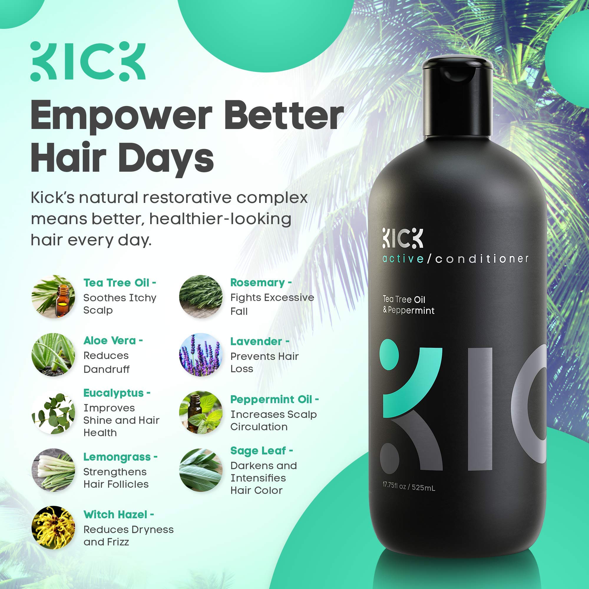 Kick Mens Conditioner: Tea Tree & Peppermint for Hair Loss, 17oz