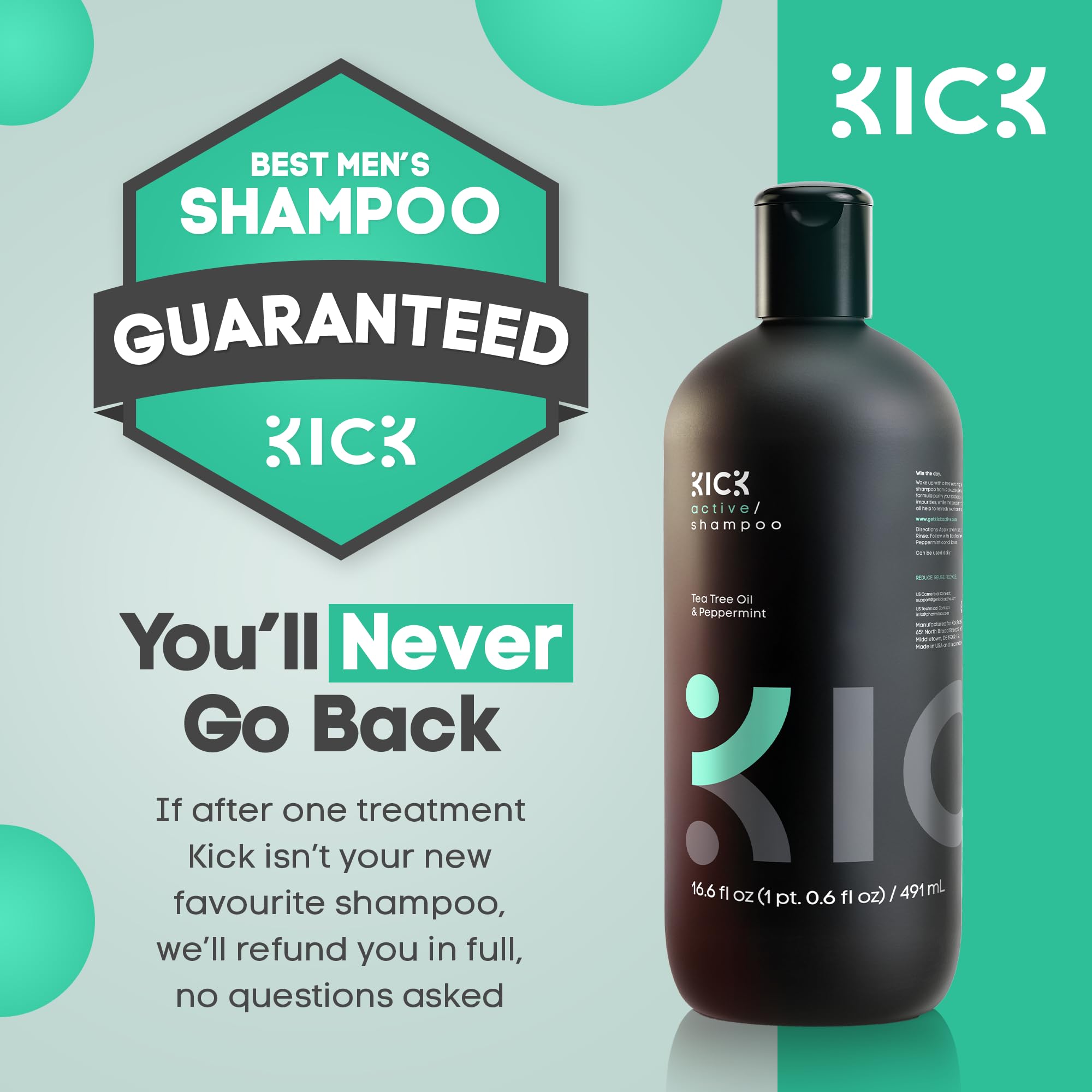 Kick Mens Shampoo - Peppermint & Tea Tree for Oil Control | Sulfate-Free, Cruelty-Free 16.6oz