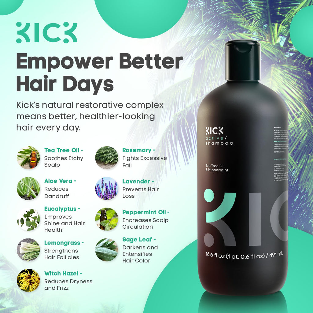 Kick Mens Shampoo - Peppermint & Tea Tree for Oil Control | Sulfate-Free, Cruelty-Free 16.6oz