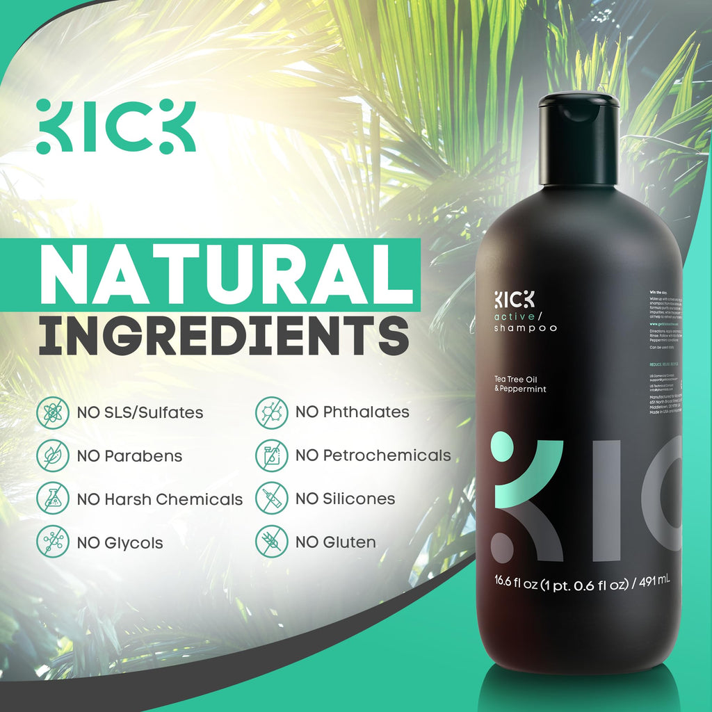 Kick Mens Shampoo - Peppermint & Tea Tree for Oil Control | Sulfate-Free, Cruelty-Free 16.6oz