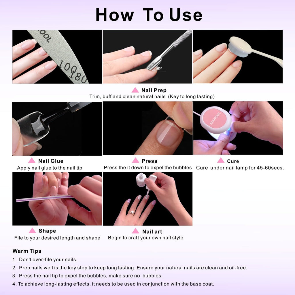 KIANOOL Short Square Gel x Nail Tips Kit – 552pcs, Mini UV Lamp, 5-in-1 Nail Glue