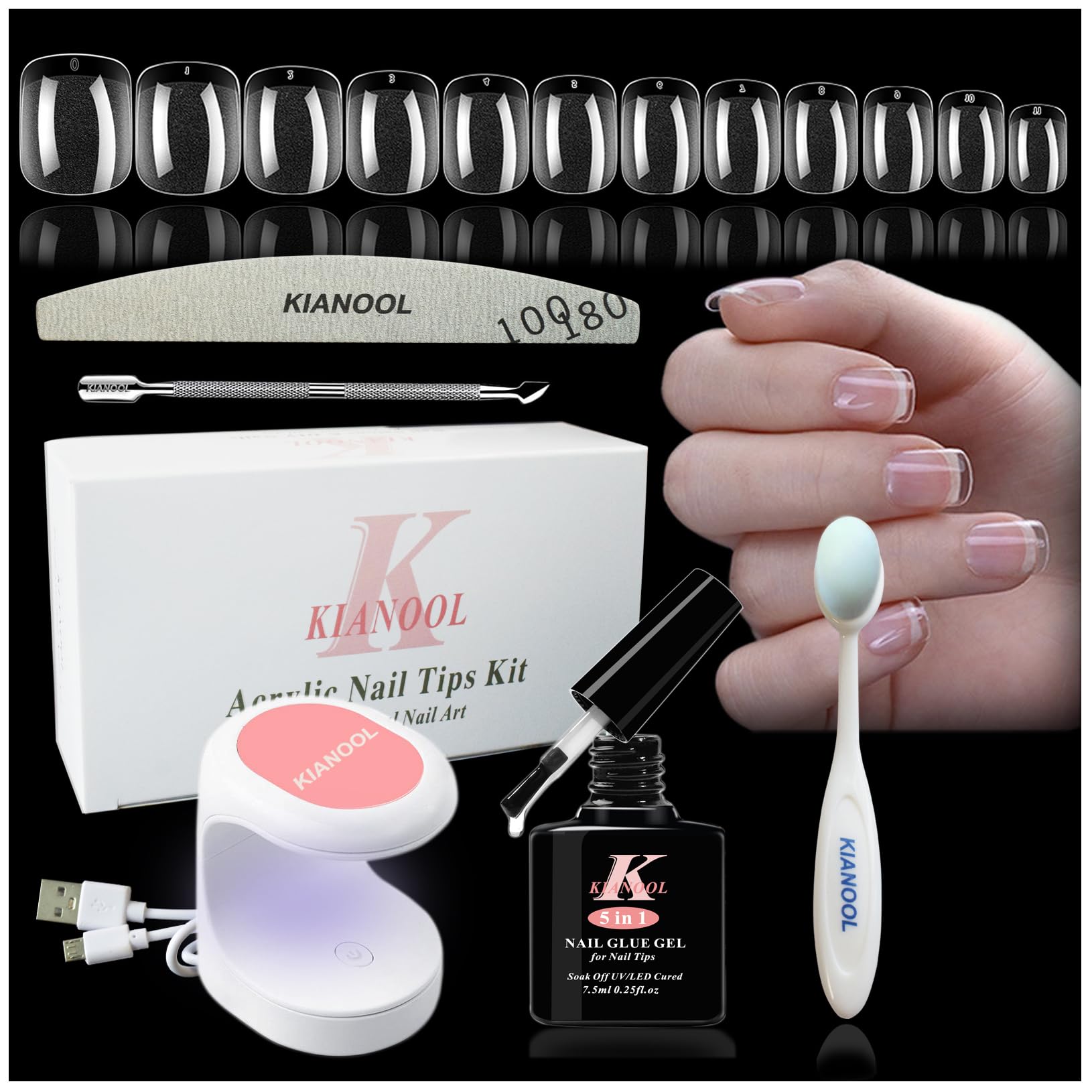 KIANOOL Short Square Gel x Nail Tips Kit – 552pcs, Mini UV Lamp, 5-in-1 Nail Glue