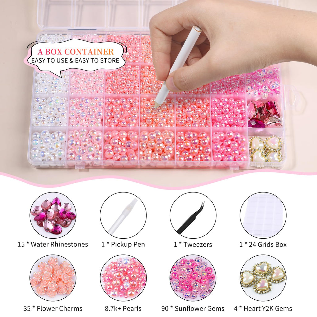 Kikonoke 8900Pcs Pink Gradient Flatback Pearls Set with 140+ Charms, Tweezer & Wax Pen for Nail Art & DIY Crafts