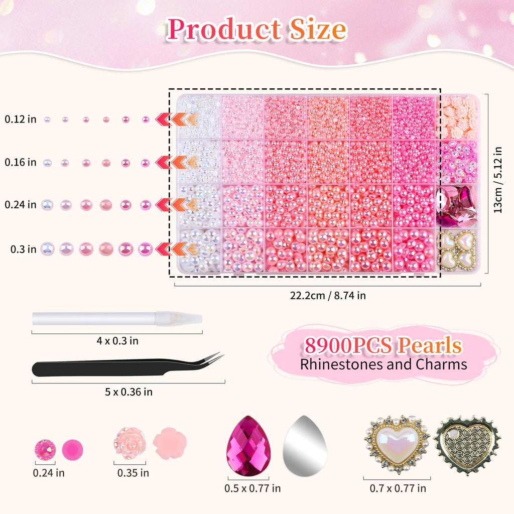 Kikonoke 8900Pcs Pink Gradient Flatback Pearls Set with 140+ Charms, Tweezer & Wax Pen for Nail Art & DIY Crafts
