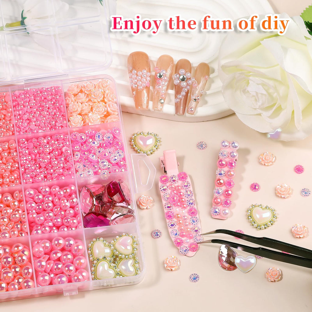 Kikonoke 8900Pcs Pink Gradient Flatback Pearls Set with 140+ Charms, Tweezer & Wax Pen for Nail Art & DIY Crafts